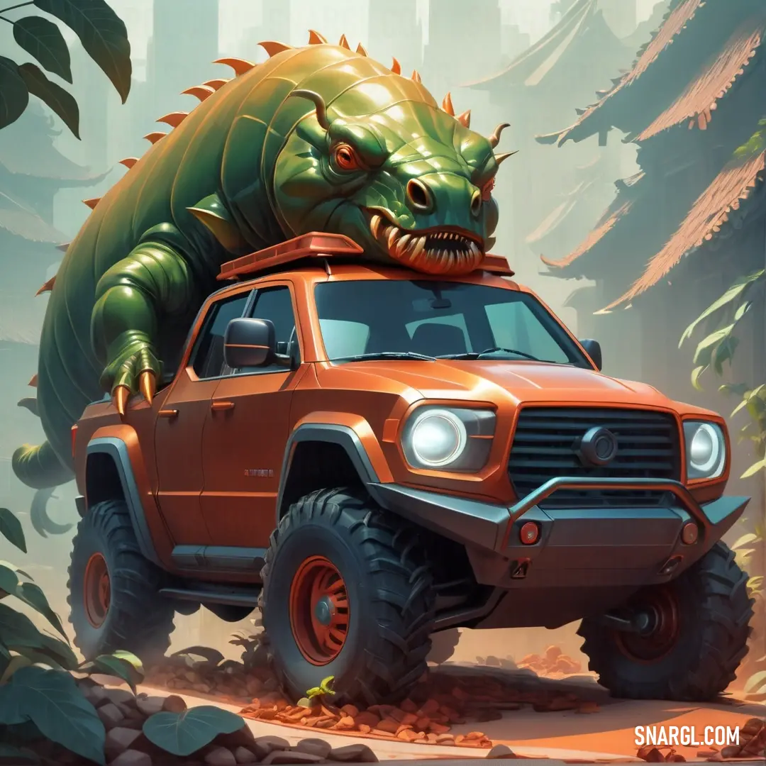Monster truck with a large green monster on top of it's head in a forest area with trees. Example of CMYK 0,59,59,0 color.