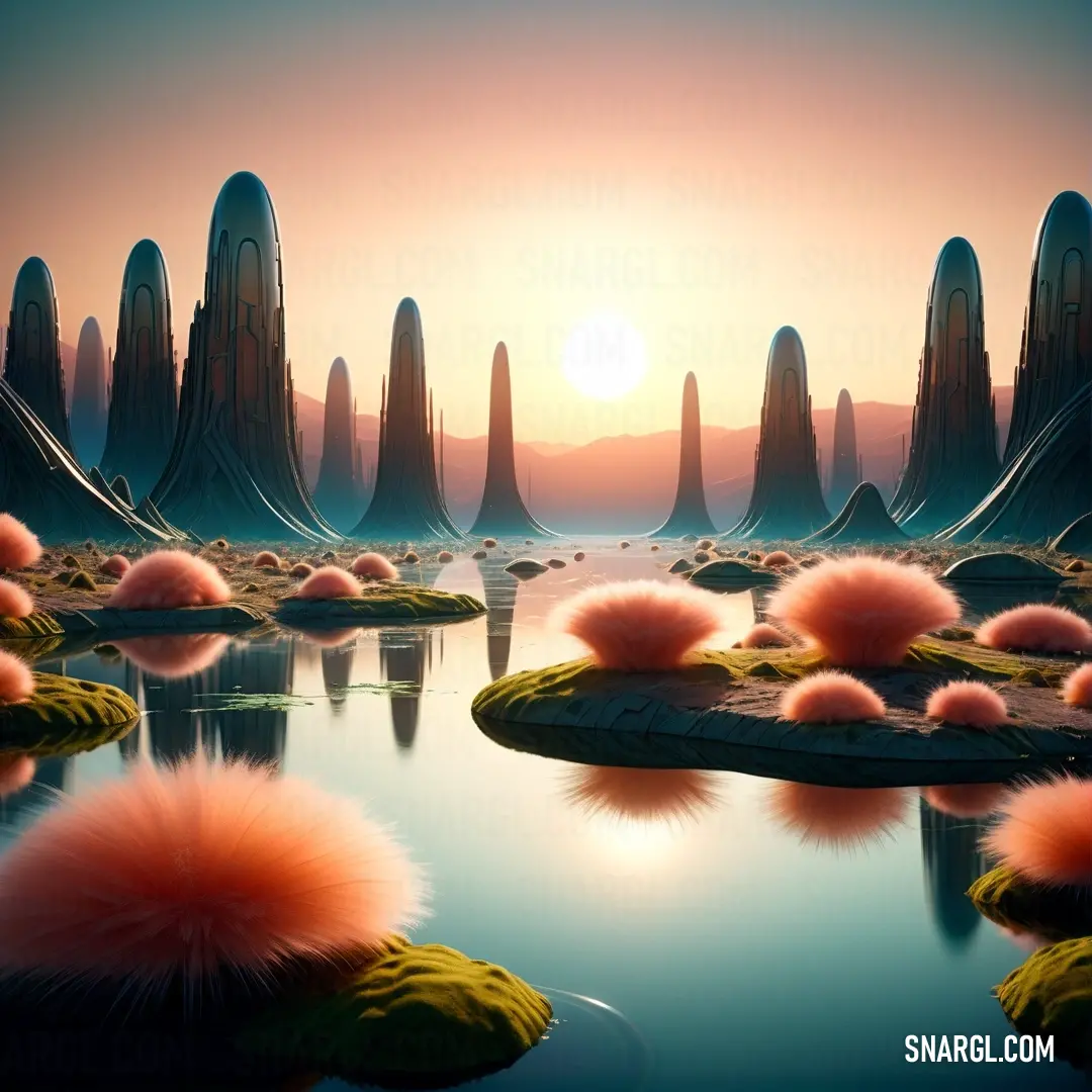 Painting of a futuristic landscape with a lake and floating plants in the foreground. Example of NCS S 0550-Y70R color.