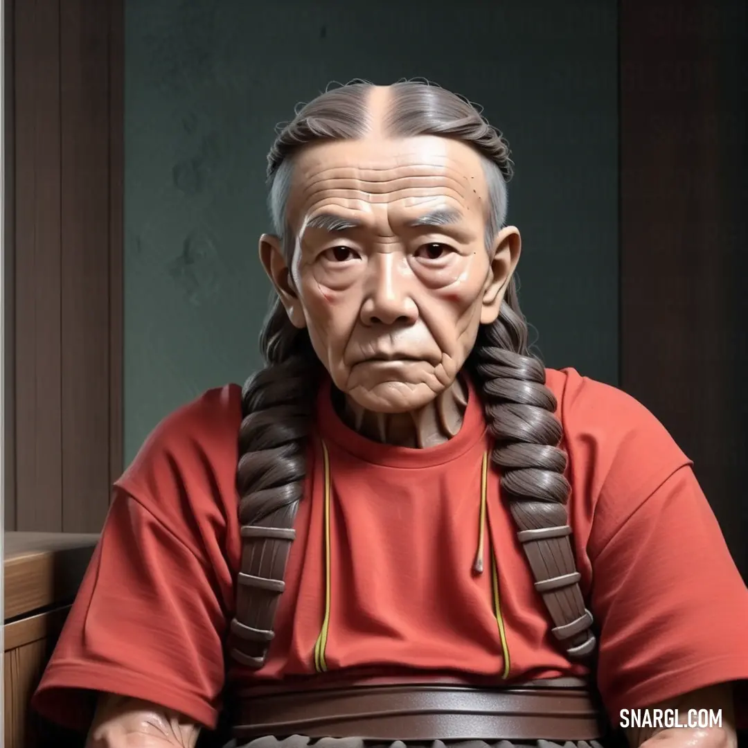 Man with long hair and a red shirt down with his hands on his knees and his face covered by a braid. Color NCS S 0550-Y80R.