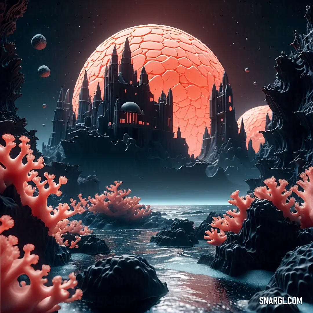 Fantasy scene with a castle and corals in the water and a full moon in the background. Color CMYK 0,67,50,0.