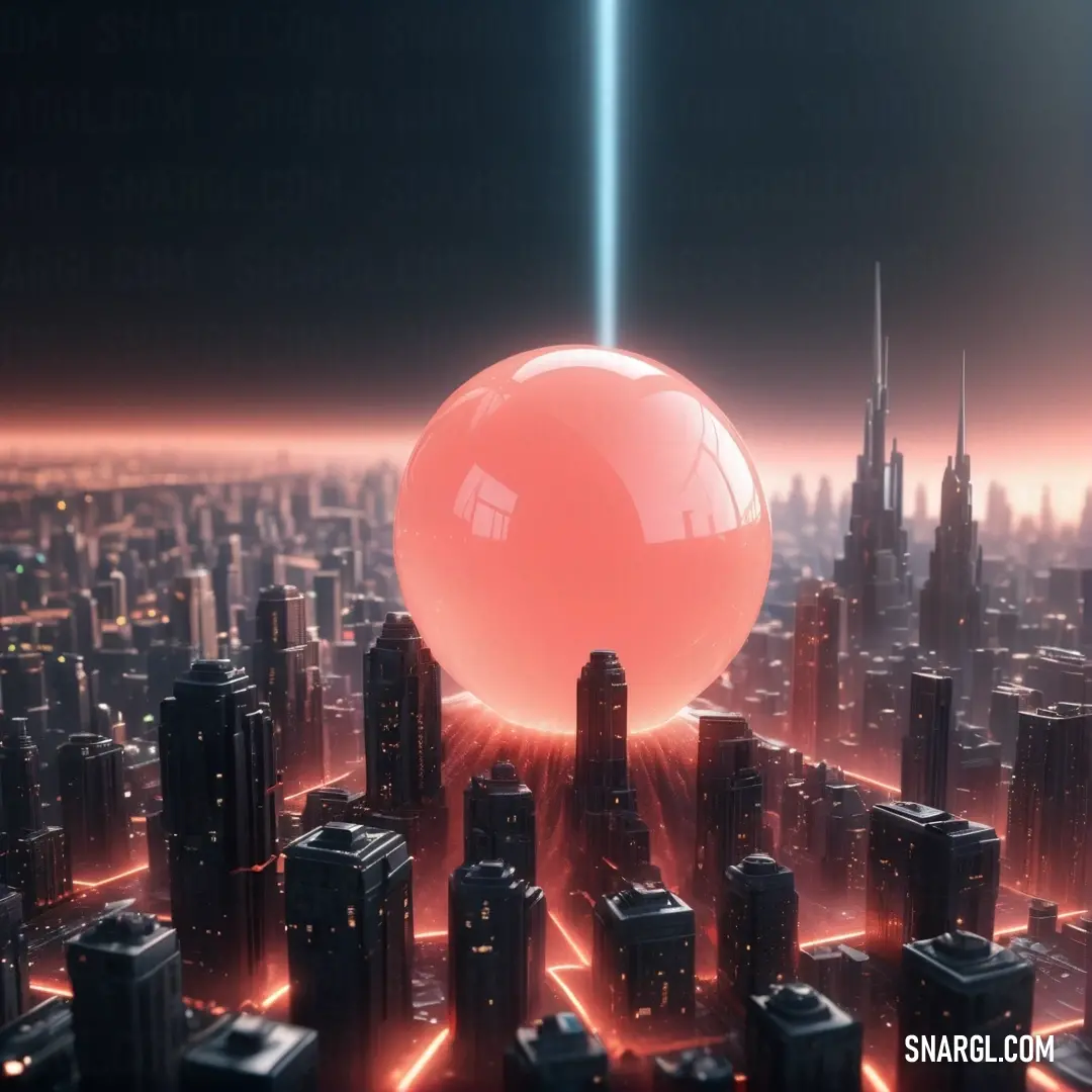 Futuristic city with a large red ball in the middle of it's foreground and a bright blue beam above it. Color #FA7870.