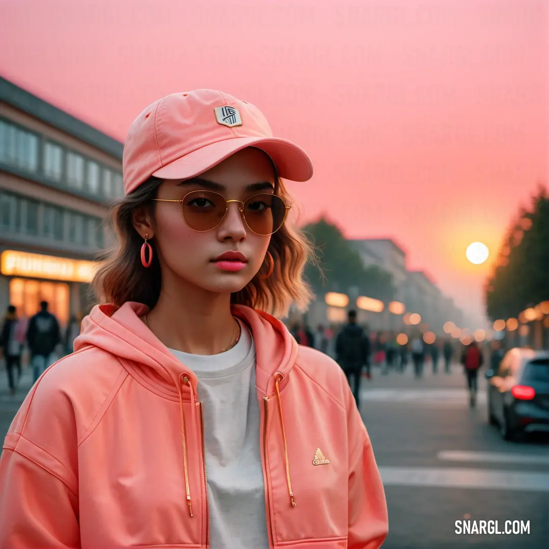 Woman wearing a pink hat and sunglasses standing on a street corner at sunset. Color CMYK 0,67,50,0.