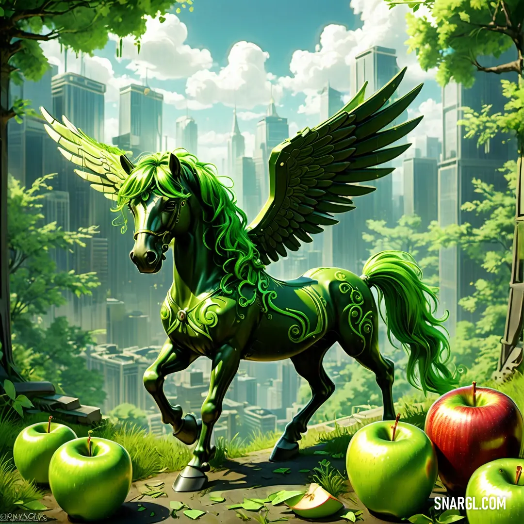 Horse with wings standing in the middle of an apple orchard with apples in the foreground. Color RGB 176,222,106.