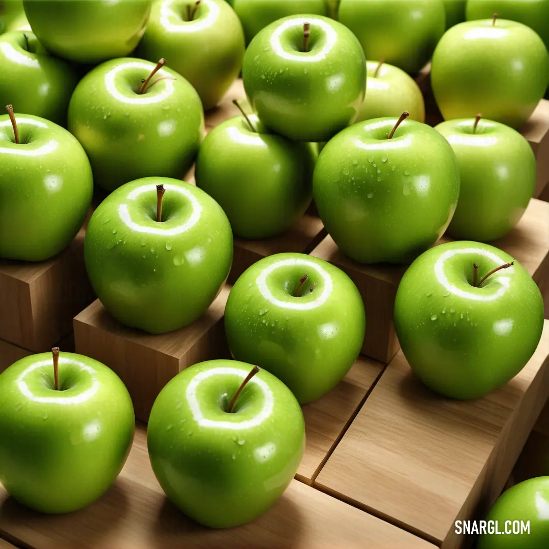 Lot of green apples on top of wooden blocks with a green apple in the middle of the picture. Color CMYK 45,0,70,0.