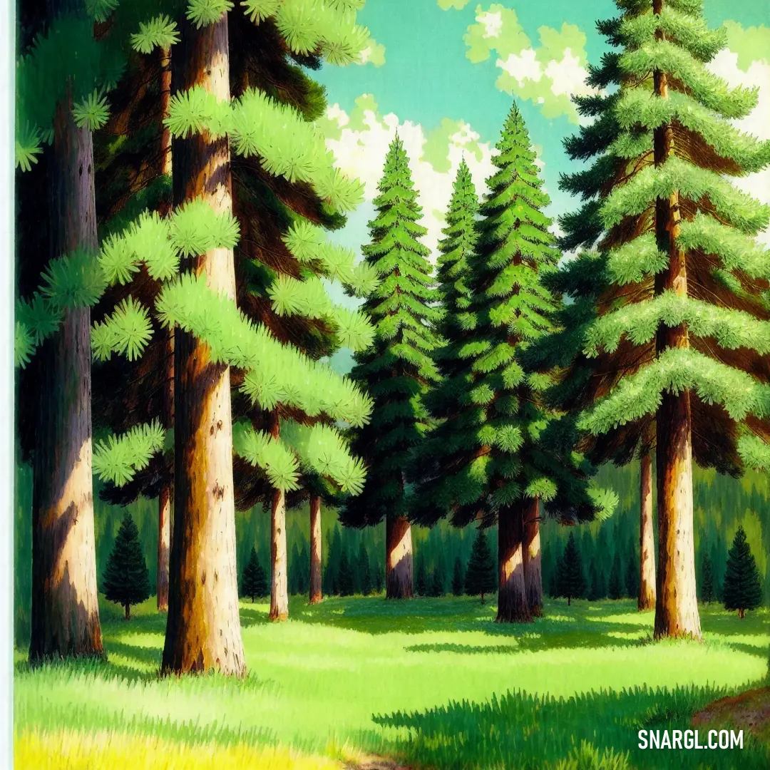 Painting of a forest with trees and grass on the ground. Color RGB 176,222,106.