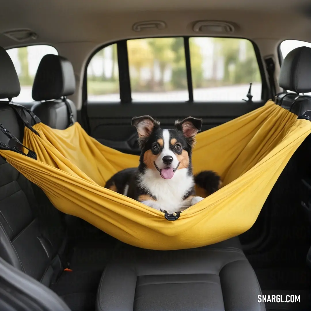 A charming dog lounges comfortably in a hammock, nestled in the back of a car adorned with a bright yellow seat cover. The scene radiates warmth and joy, inviting smiles from anyone who glimpses this cozy setup.