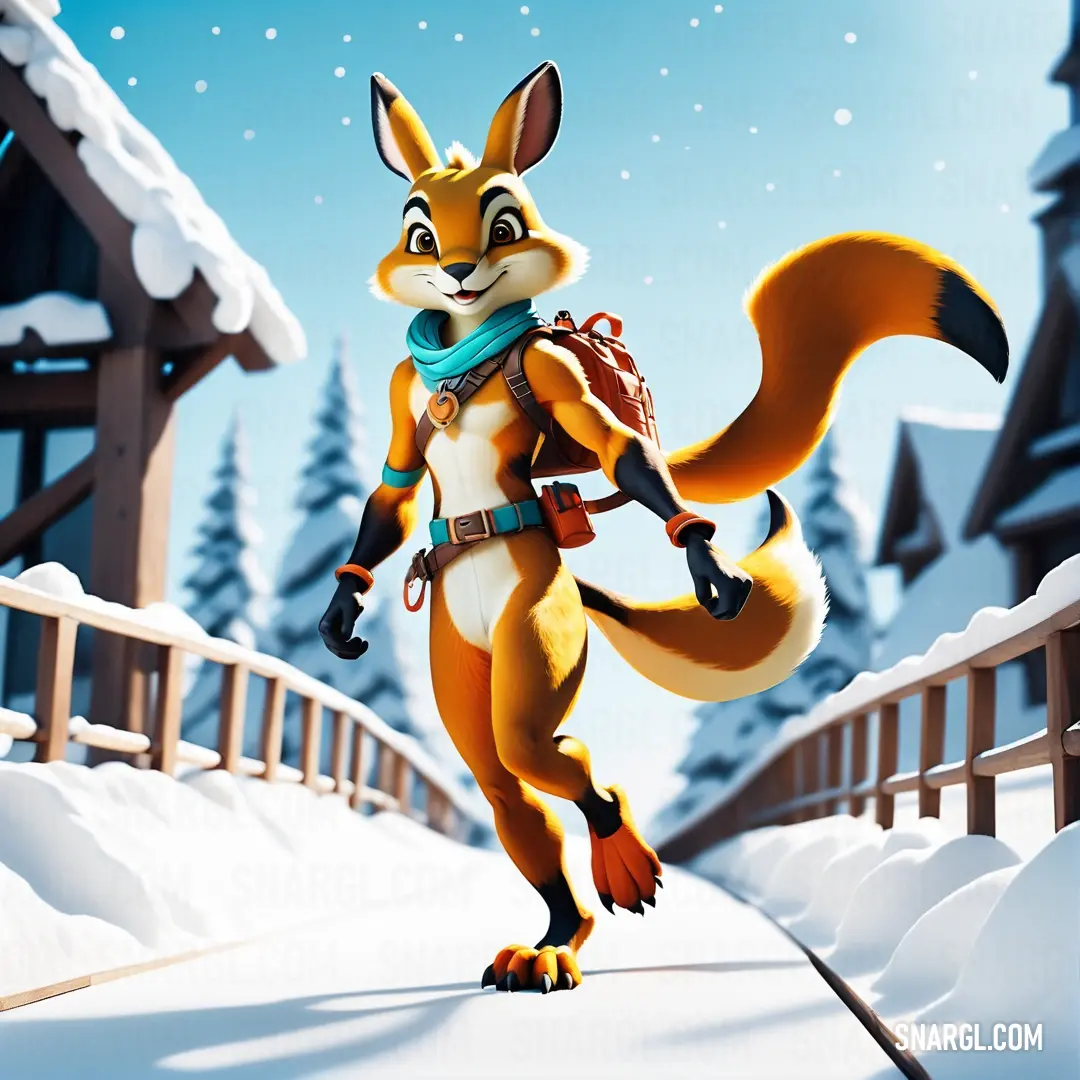 A charming fox adorned with a stylish backpack roams through a serene snowy forest, where delicate snowflakes dance in the air and a cozy cabin peeks from the distance, portrayed in an idyllic winter setting.