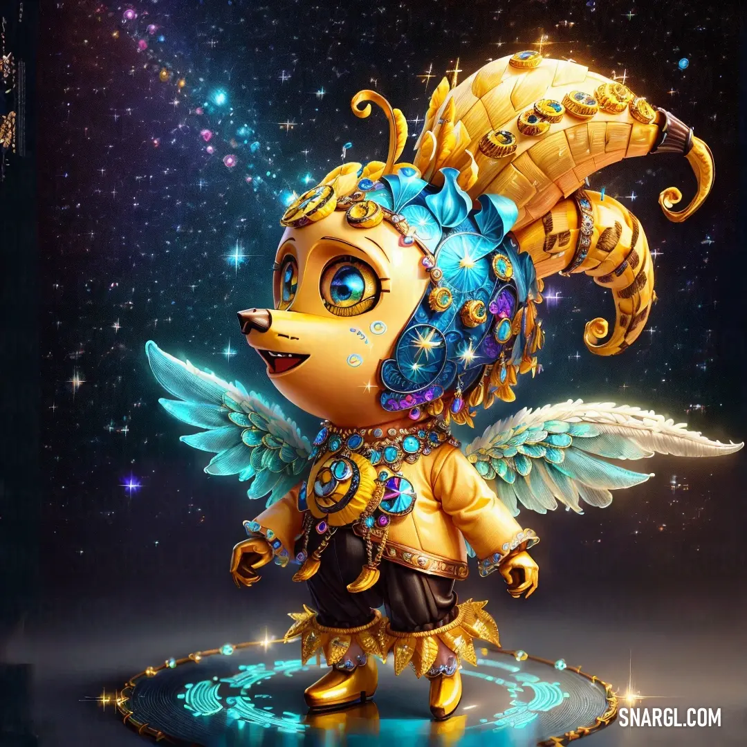 A whimsical gold and blue figurine with elegantly detailed wings and a striking blue headpiece rests atop a shimmering blue surface adorned with scattered stars, creating a magical and enchanting scene.