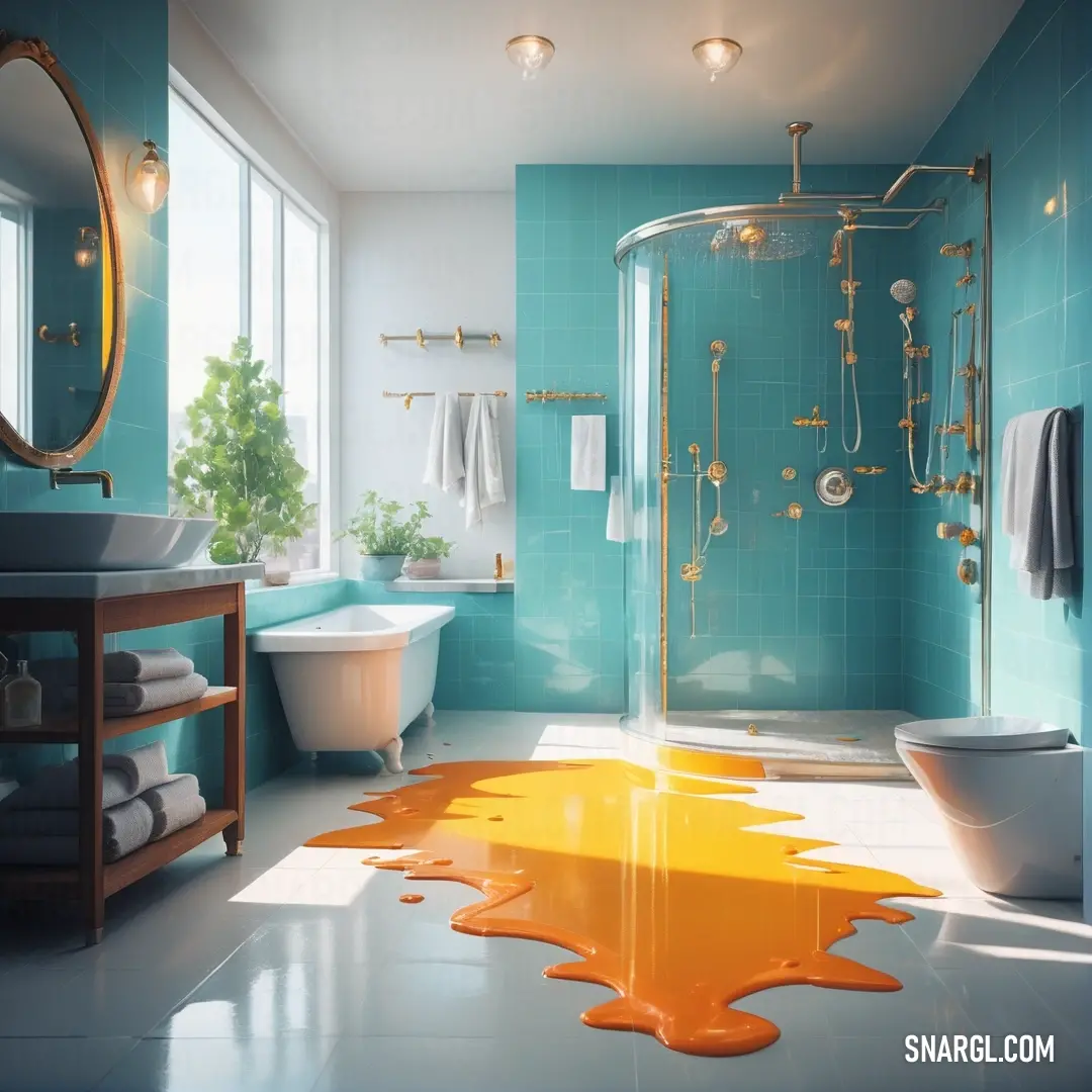 An inviting bathroom features a soothing blue and yellow theme, showcasing a gleaming shower, a pristine sink, and a uniquely colored yellow floor, instilling a sense of calm amidst its charming imperfections.