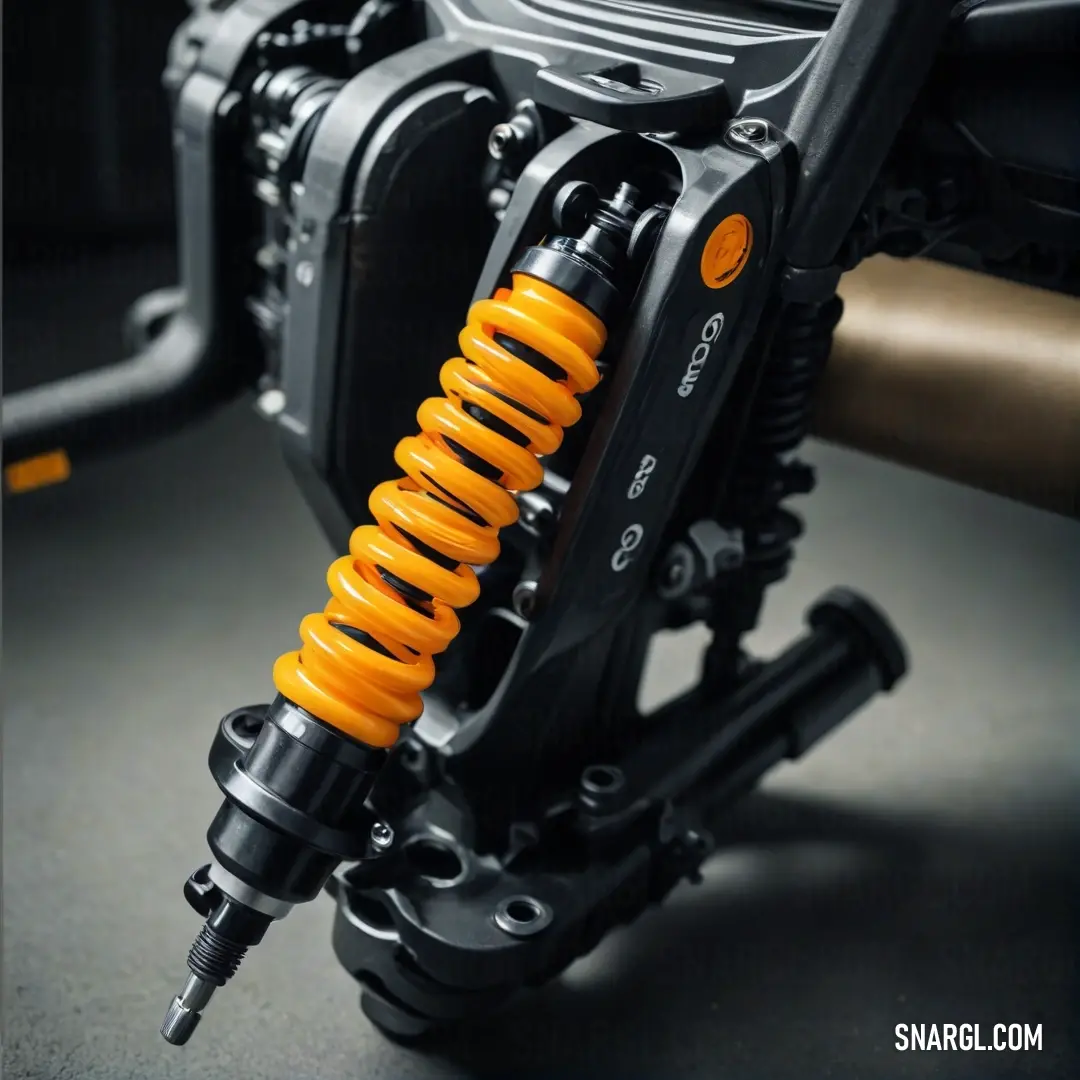 A close-up view of a stunning motorcycle reveals a striking yellow shock spring nestled within its robust black frame. The meticulous details and contrasting colors embody high-performance engineering and a passion for adventure.