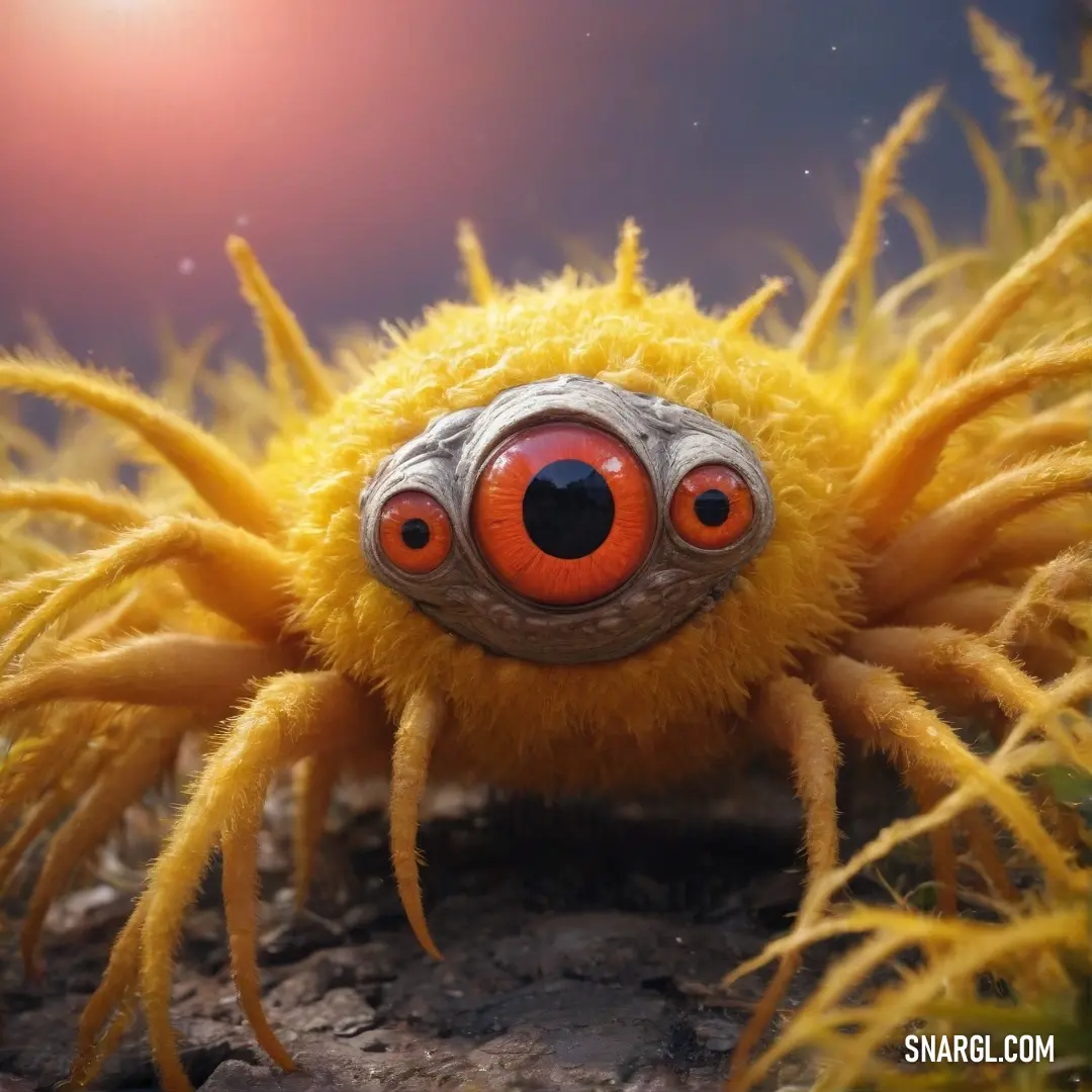 A close-up of an adorable yellow spider featuring bright orange eyes and a cute black nose, captivatingly poised amidst a vibrant nature scene of grass and color.