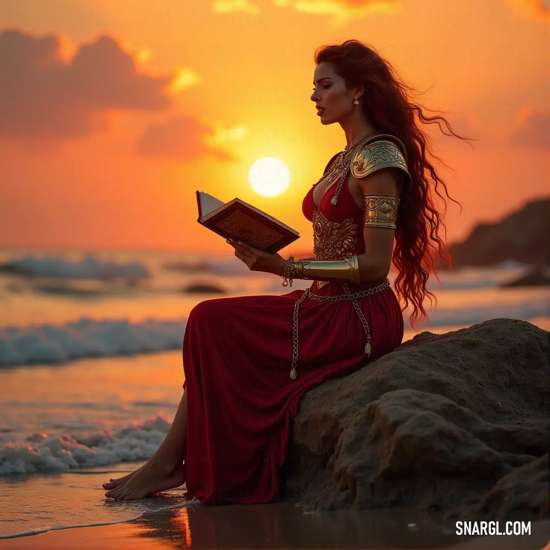 A woman in a vibrant red dress sits thoughtfully on a weathered rock, engrossed in her book as the sun begins to set over a calm beach, painting the sky with brilliant colors.