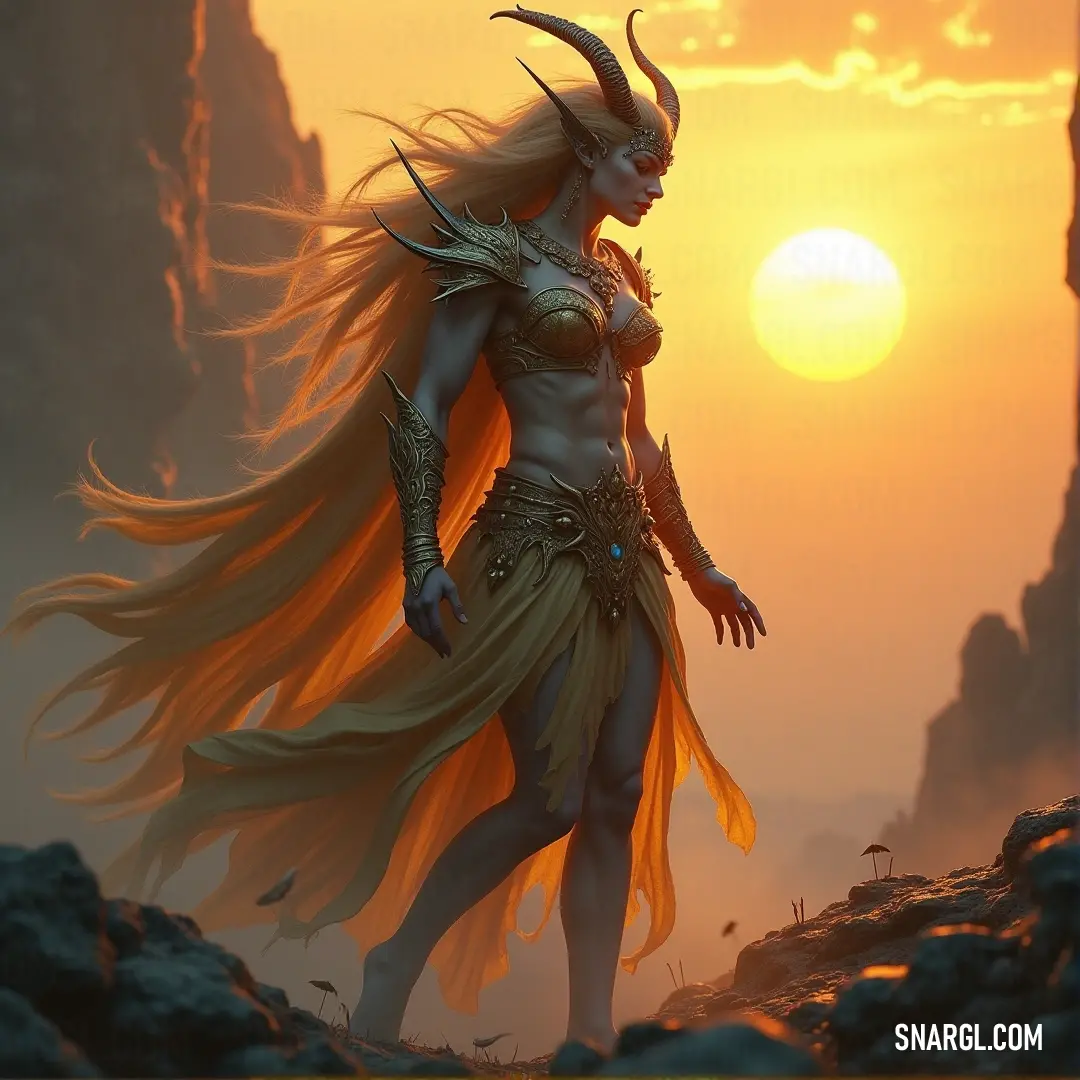 A woman adorned with elegant horns and a flowing dress stands triumphantly on a rocky cliff, basking in the warm hues of a breathtaking sunset, with the sea far below.