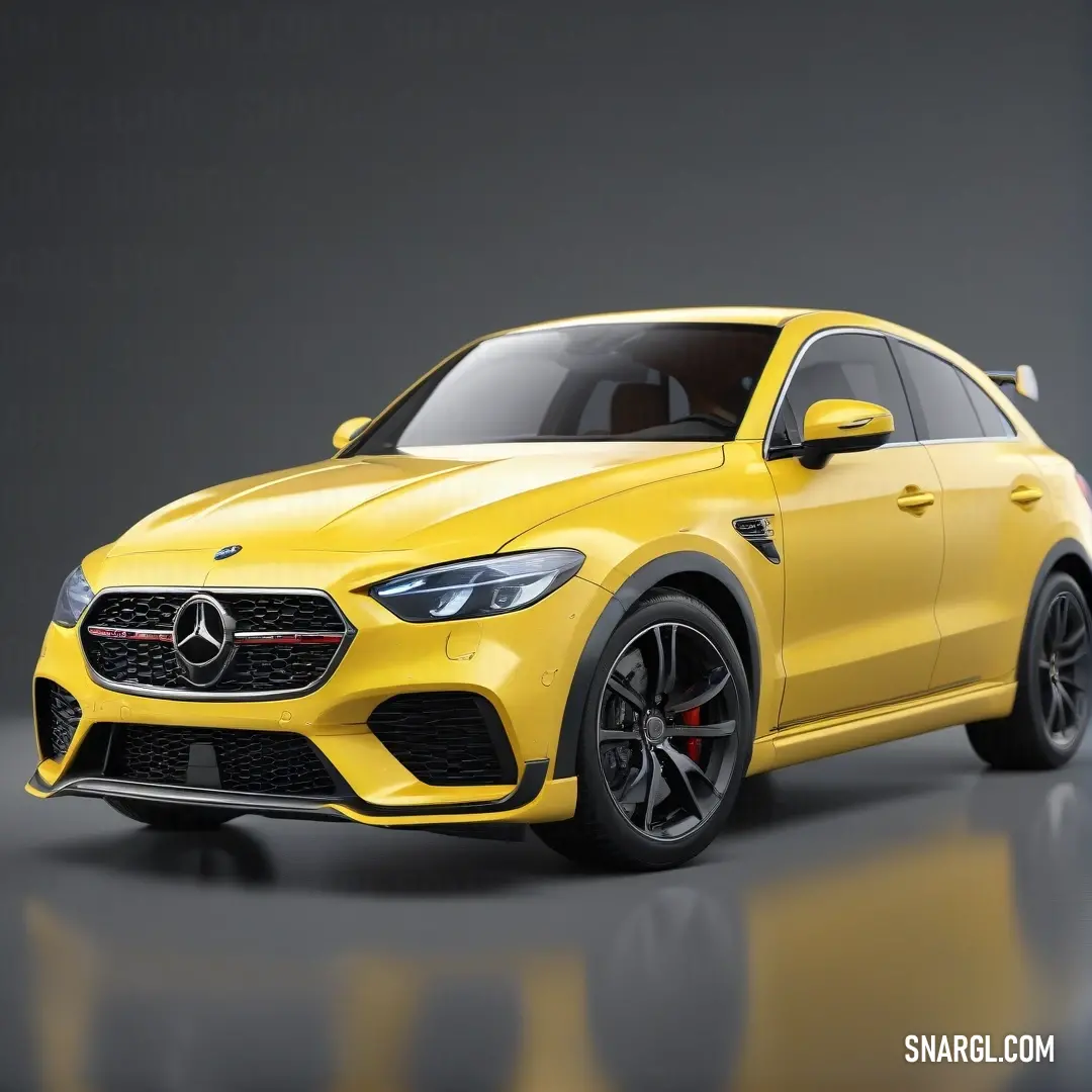 A striking yellow Mercedes SUV is showcased against a sleek black backdrop, highlighting its luxurious features and bold design. The CMYK 0,10,90,0 color enhances the allure of this majestic vehicle, inviting attention from every angle.