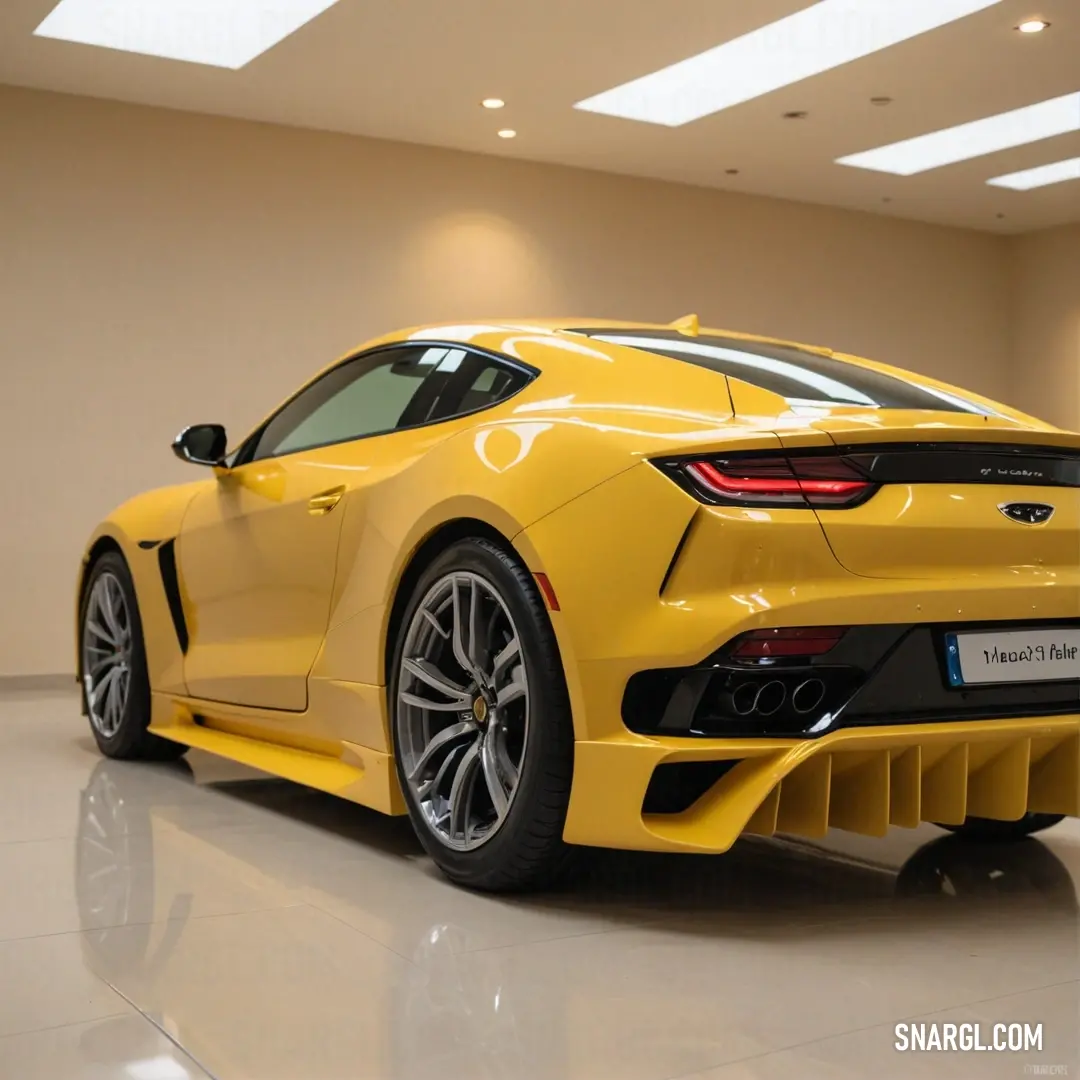 A striking yellow sports car, elegantly parked in a spacious room, shines under the warm glow of a ceiling light. The lustrous finish exemplifies the #FDD72C color, exuding energy and maintaining a sense of sophistication.