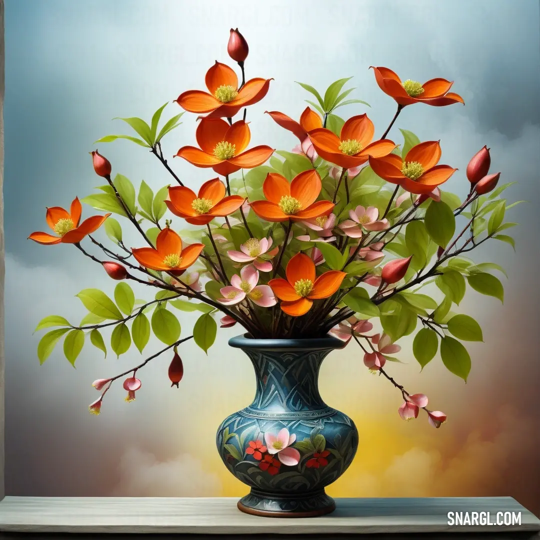 A bright and cheerful painting featuring a charming vase filled with colorful flowers, set elegantly on a table with a serene sky backdrop. The vibrant yellow hue of the vase adds a cheerful touch to the overall composition.