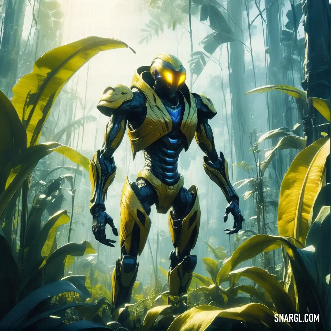 A whimsical robot stands confidently in a lush jungle, adorned with a vibrant yellow helmet and wings, ready for adventure among the tall grass and trees that create a rich tapestry of green surroundings.