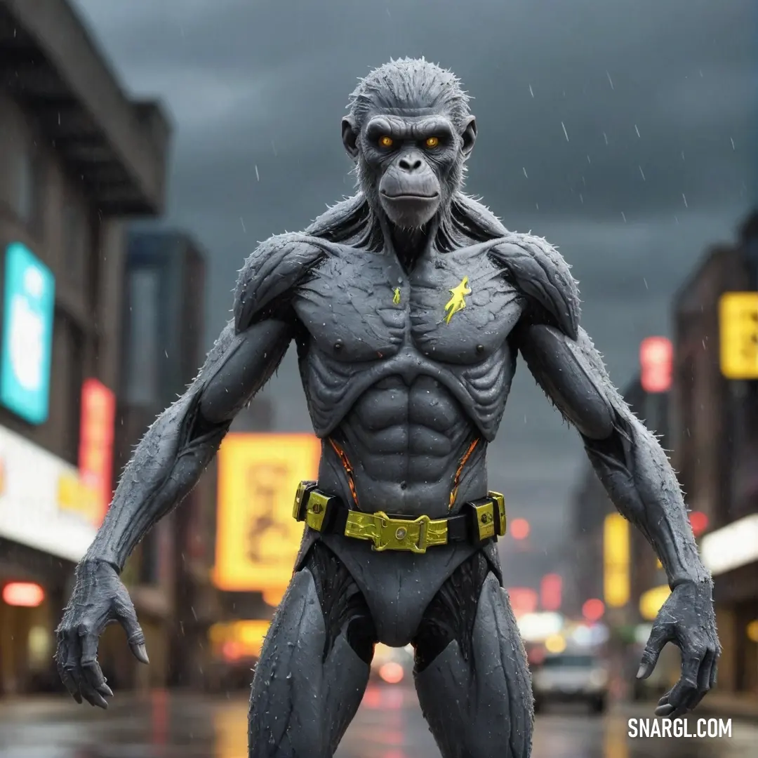 An intriguing statue of a gorilla-man hybrid, boldly standing amidst a rain-soaked city street, highlighted by a striking lightning bolt adorning its chest, exuding strength and mystery.