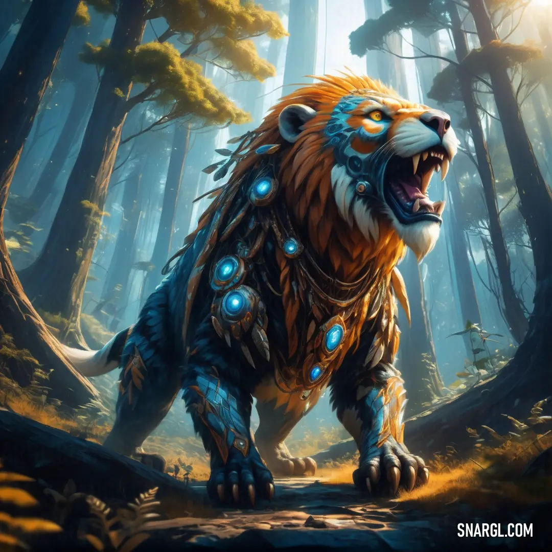 A mesmerizing tiger with glowing eyes and a powerful physique emerges from a dense woodland scene, where tall trees and jagged rocks provide a perfect backdrop for its majestic presence within the wild.