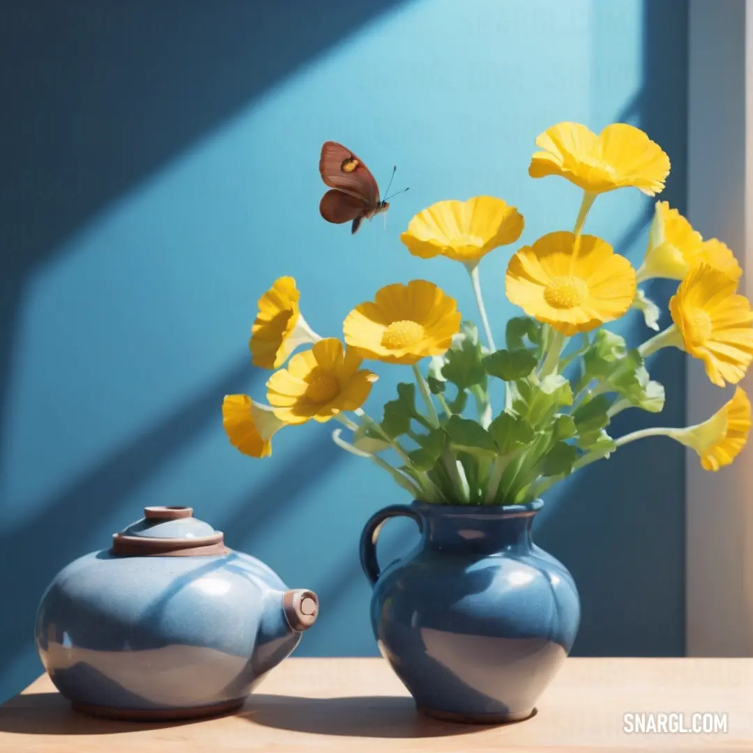 An enchanting display of a quaint vase harboring bright yellow flowers, accompanied by a delicate butterfly perched beside it. The scene is set on a stylish table, evoking a sense of warmth and nature's beauty.