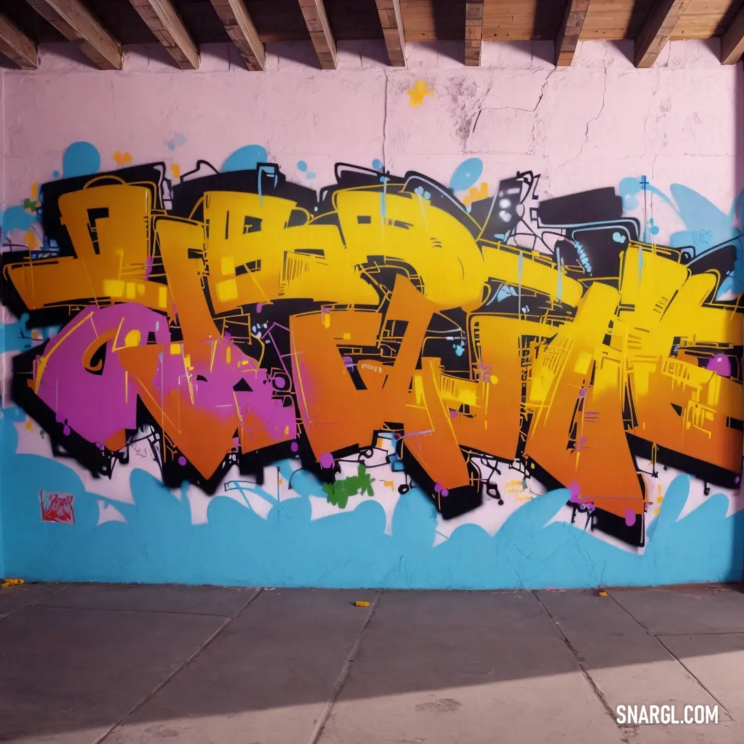 A vibrant wall covered with graffiti, with a person walking by, holding a skateboard, captured in front of the colorful urban backdrop, highlighted by NCS S 0560-Y.