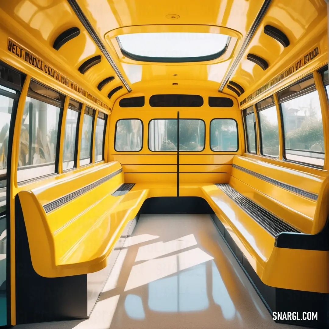 A vibrant yellow bus brimming with character reveals its spacious interior filled with comfortable benches and wide windows, inviting passengers to embark on new adventures amid a cheerful atmosphere.