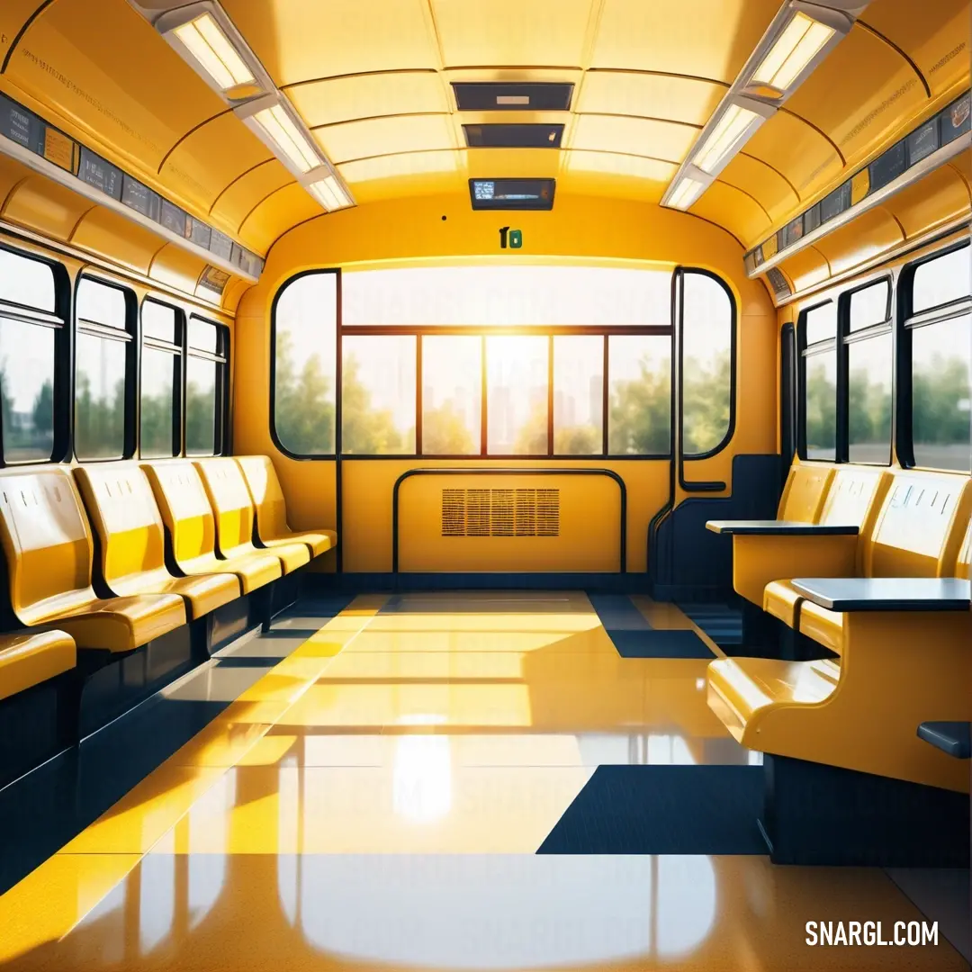 A lively yellow train with cozy seats and large windows glides along its path, featuring a cheerful checkered floor that adds a playful touch, all set against bright yellow walls and ceiling, creating a joyful travel experience.