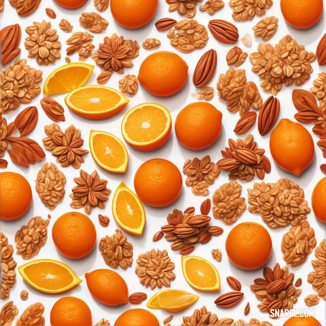 Bunch of oranges and nuts on a white surface with a white background. Color NCS S 0560-Y10R.