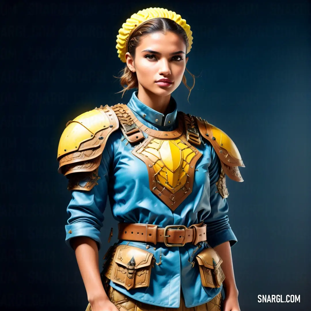 NCS S 0560-Y10R color. Woman in a costume with a yellow headband and a blue shirt and a yellow helmet and a blue background