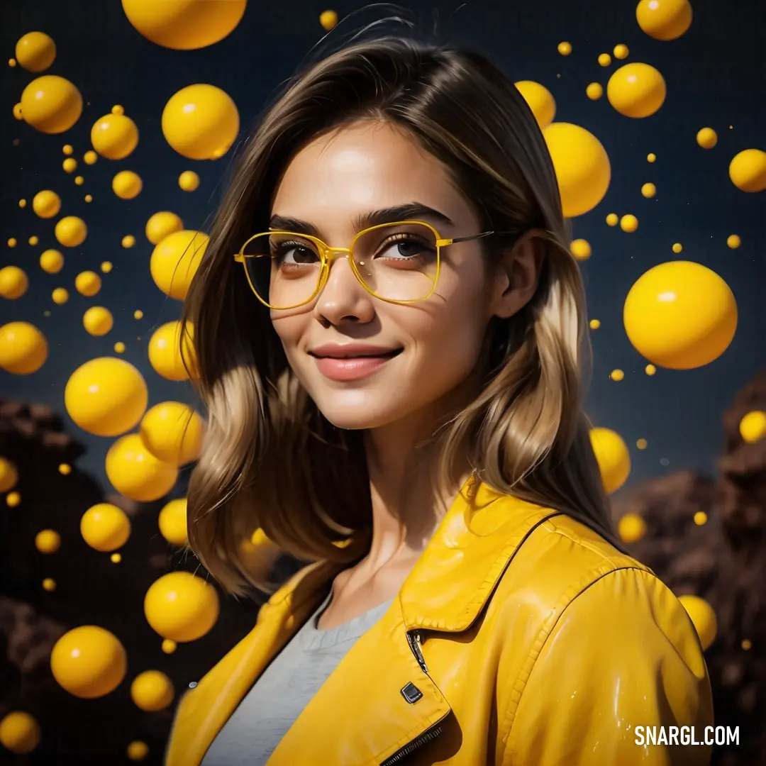 Woman wearing glasses and a yellow jacket with yellow balls floating around her and a black background. Example of RGB 253,195,54 color.