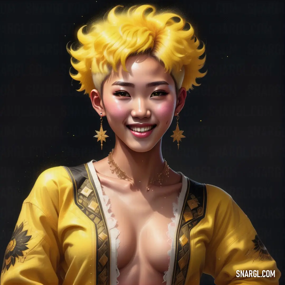 Woman with blonde hair and a yellow dress smiling at the camera with stars on her chest and chest. Color RGB 253,195,54.