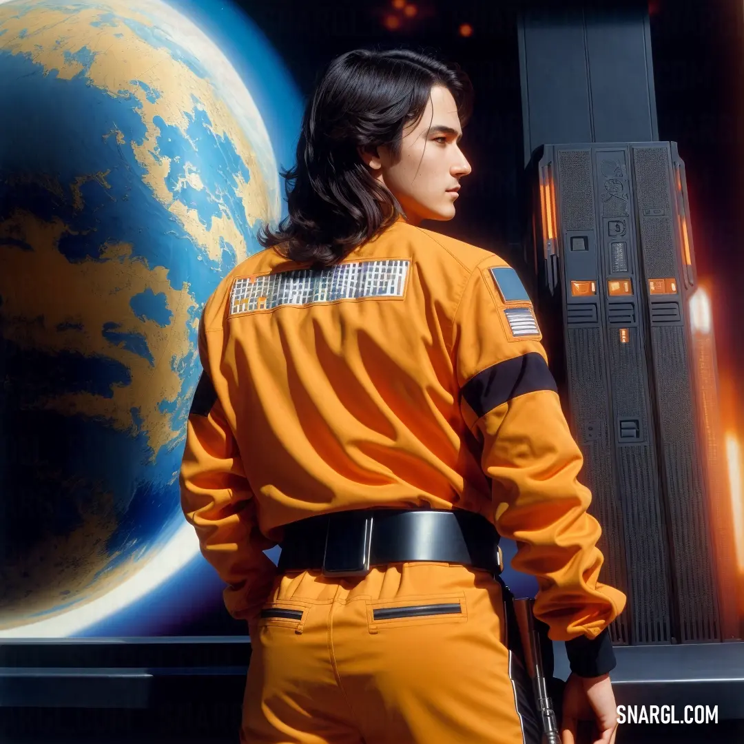 Man in an orange uniform standing in front of a large screen with a planet in the background. Color NCS S 0560-Y20R.