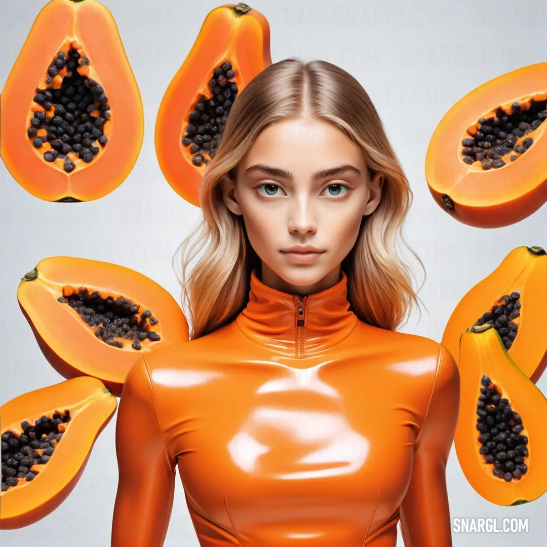 Woman in a leather outfit surrounded by papaya slices and seeds on a gray background. Color CMYK 0,40,90,0.