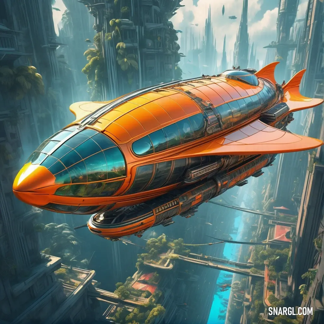 Futuristic orange flying over a city with tall buildings and a sky background. Color NCS S 0560-Y40R.