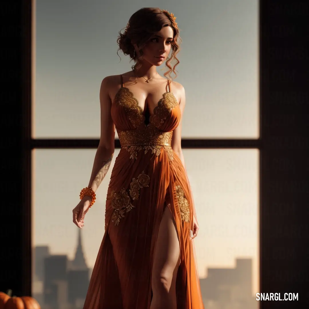 Woman in a dress standing in front of a window with a city view behind her and a pumpkin in the foreground. Color RGB 244,128,50.