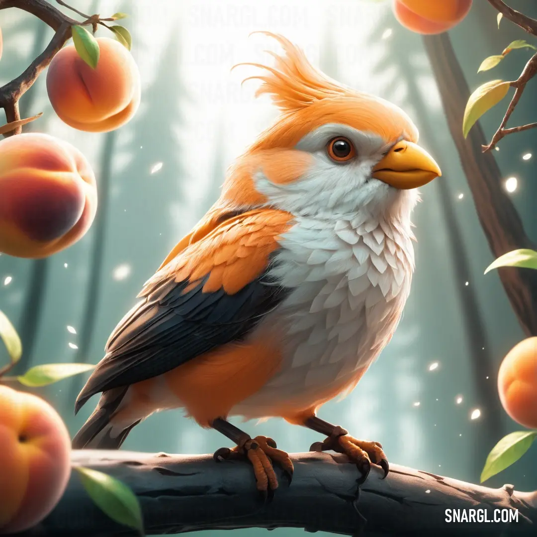 A serene image captures a bird perched gracefully on a branch, surrounded by lush fruit-laden foliage. The vibrant colors and delicate details create a sense of tranquility, inviting the viewer to appreciate the harmony of nature.