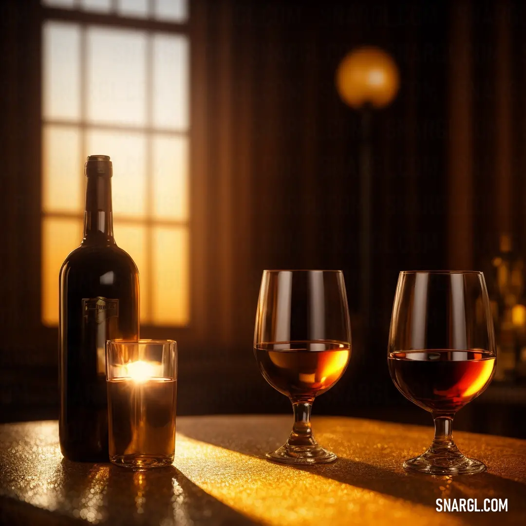 A bottle of wine and two glasses sit elegantly on a table, the rich amber color of the wine catching the light. The scene exudes a feeling of warmth, relaxation, and the anticipation of a moment to be enjoyed.