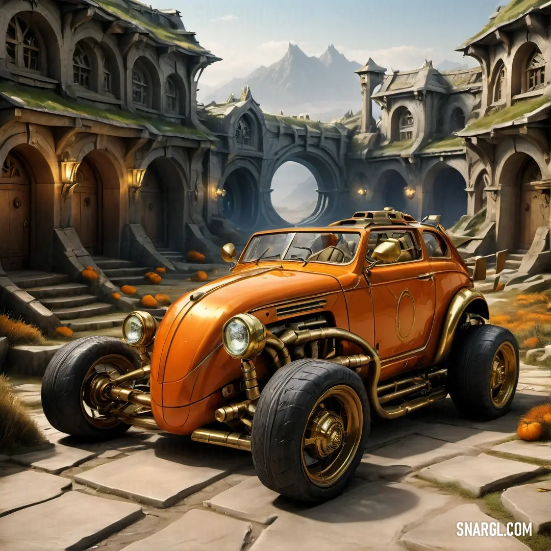 NCS S 0560-Y50R color. Car with a large wheel is parked in a street with pumpkins and a castle in the background