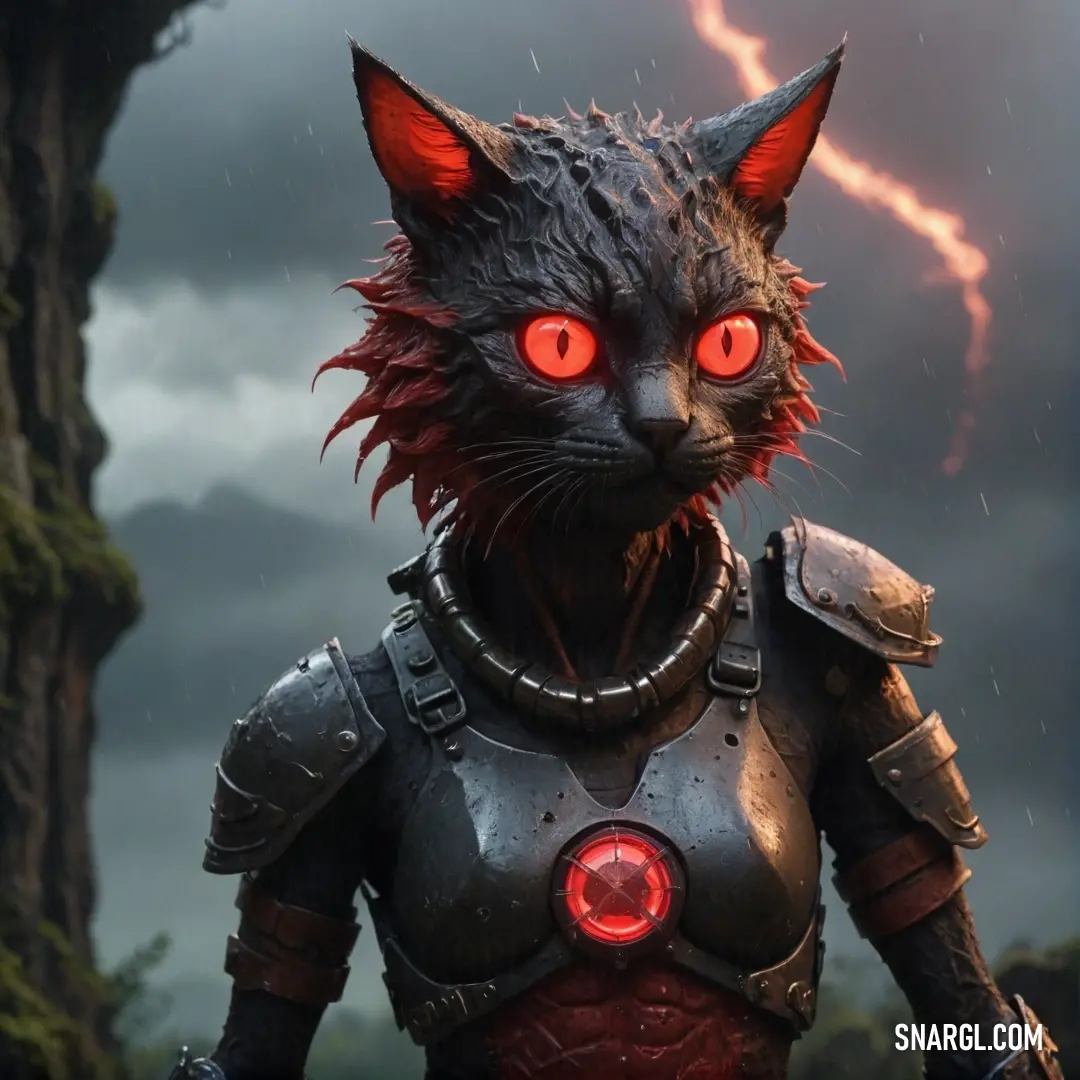 A fearless cat with glowing red eyes and a stylish helmet stands boldly, exuding bravery and adventure. Its commanding presence is heightened by the dramatic colors, embodying a true spirit of exploration.