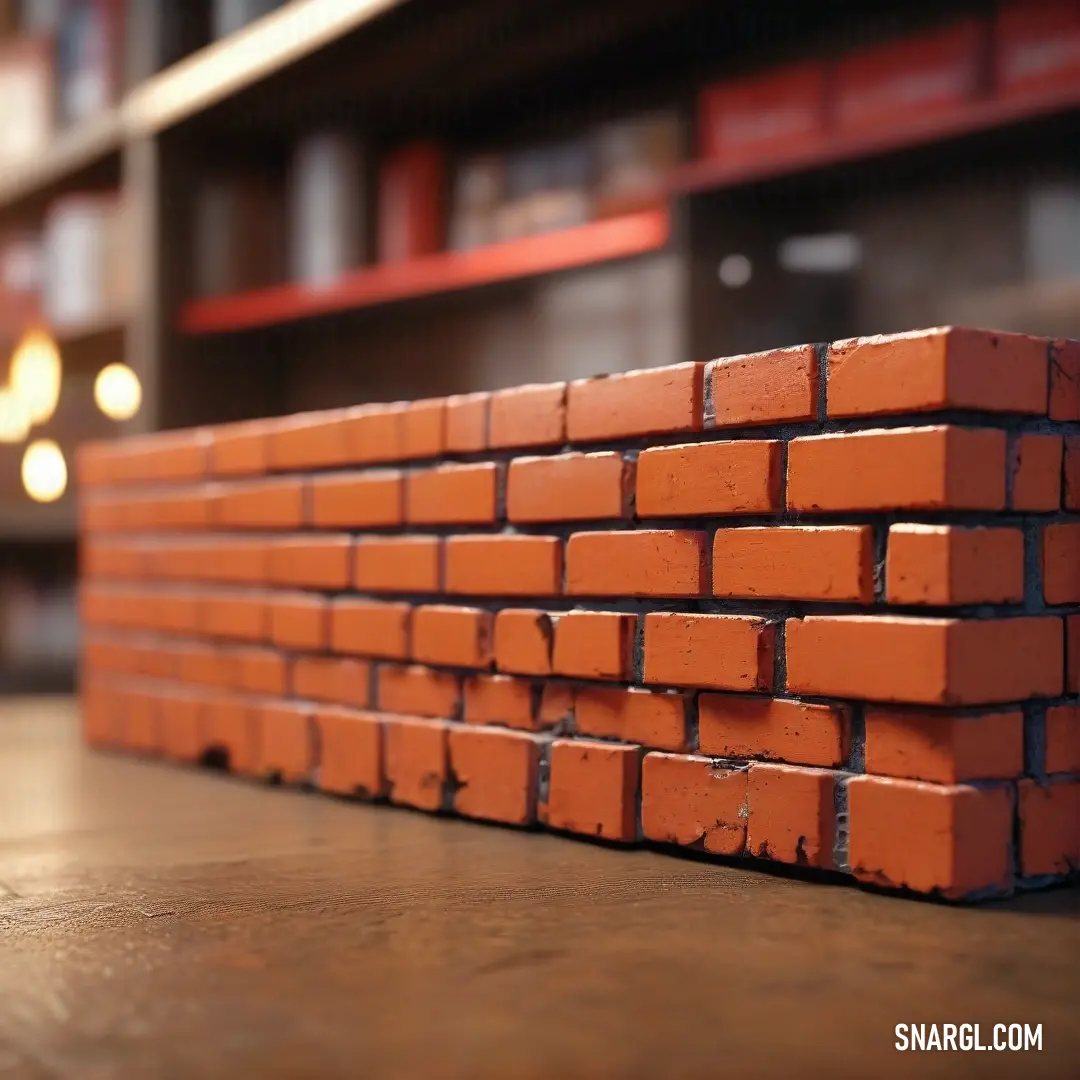 A detailed close-up of a textured brick wall in a library, with a bookshelf softly blurred in the background, exudes a sense of warmth and knowledge, inviting one to explore its literary treasures.