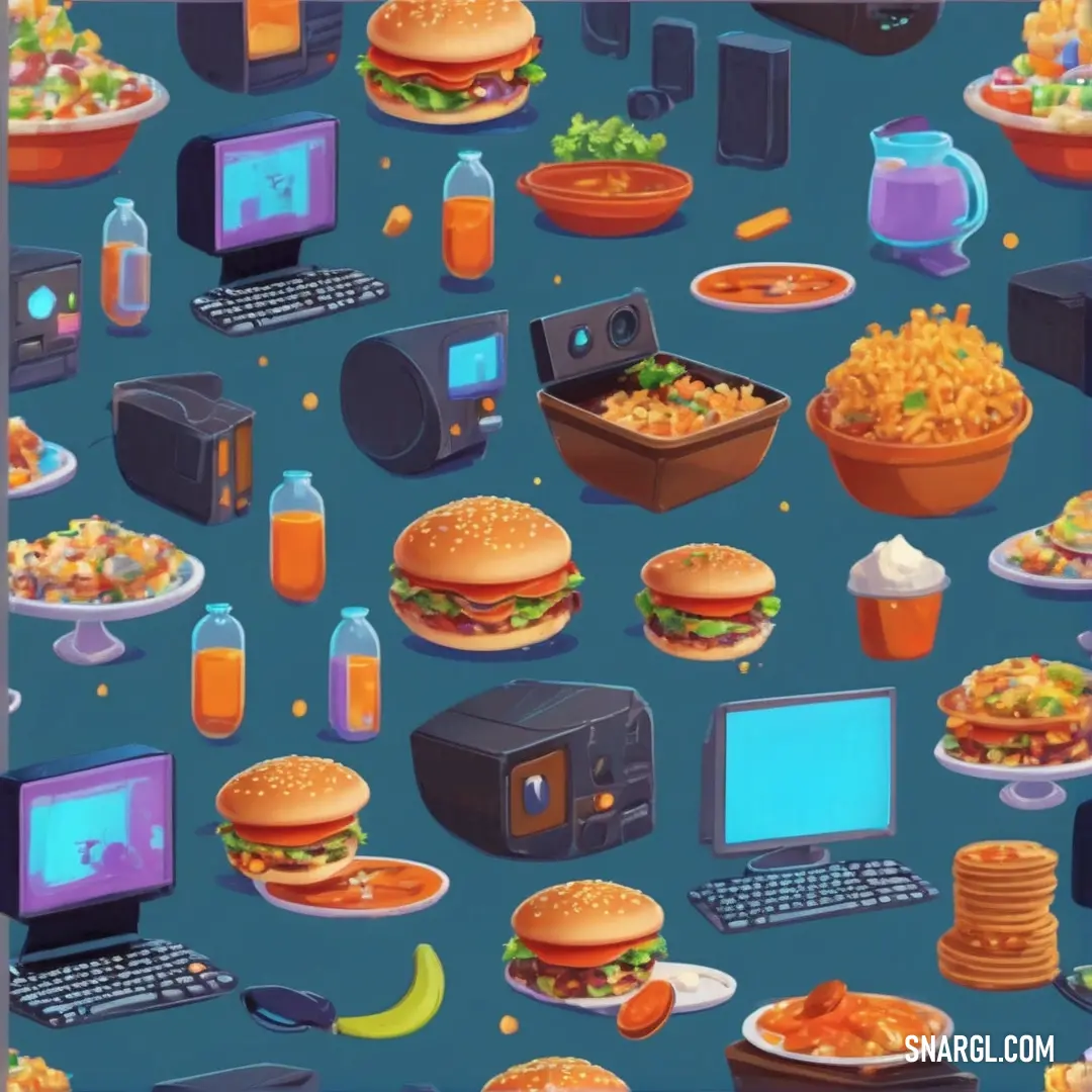 Computer screen with a bunch of food on it and a laptop on the table with a monitor and a keyboard. Example of RGB 246,126,61 color.