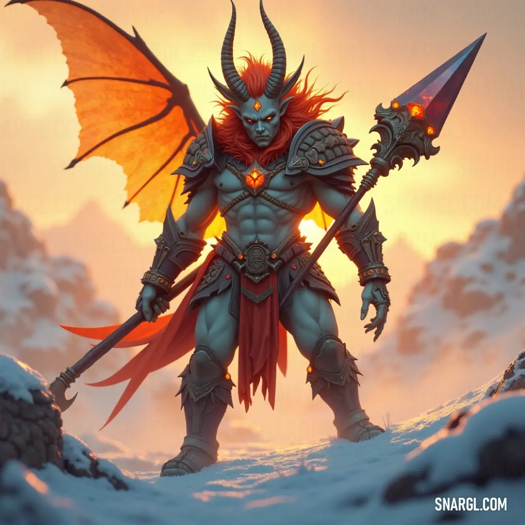 A fierce and menacing demon brandishes a massive sword, its terrifying visage complemented by a unique reddish-yellow hue known as NCS S 0560-Y50R, creating an atmosphere of dark fantasy and formidable power.