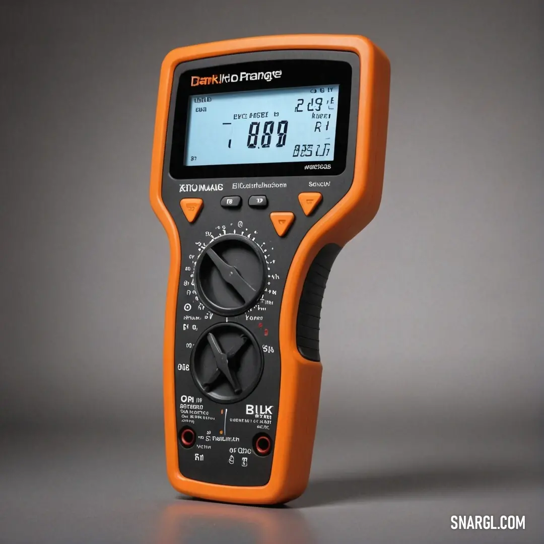 An advanced digital multimeter displays vital measurements while sitting against a neutral gray background, its sleek design and vibrant features reflecting the technology of modern electronics exemplified by the warm #F67E3D color.