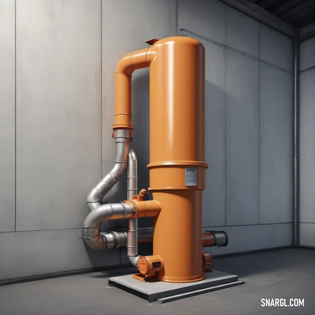 A prominent industrial scene featuring a bold orange pipe against a backdrop of utilitarian pipes and a sleek metal floor. The setting combines functionality with an eye-catching color, showcasing a unique blend of design and structure.