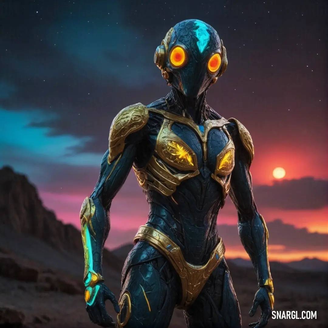 A futuristic man donning an illuminated suit that glows against the stark backdrop of a starry desert night, his eyes radiating an eerie light that draws you into a world of possibilities.