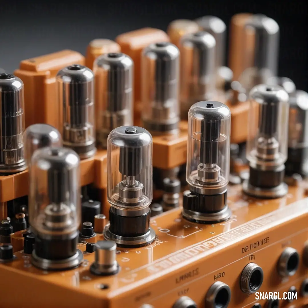 A close-up captures the intricate details of a stereo mixing machine, showcasing an array of knobs and dials that invite exploration and experimentation in sound, complemented by the warm tones of CMYK 0,60,75,0 in the backdrop.