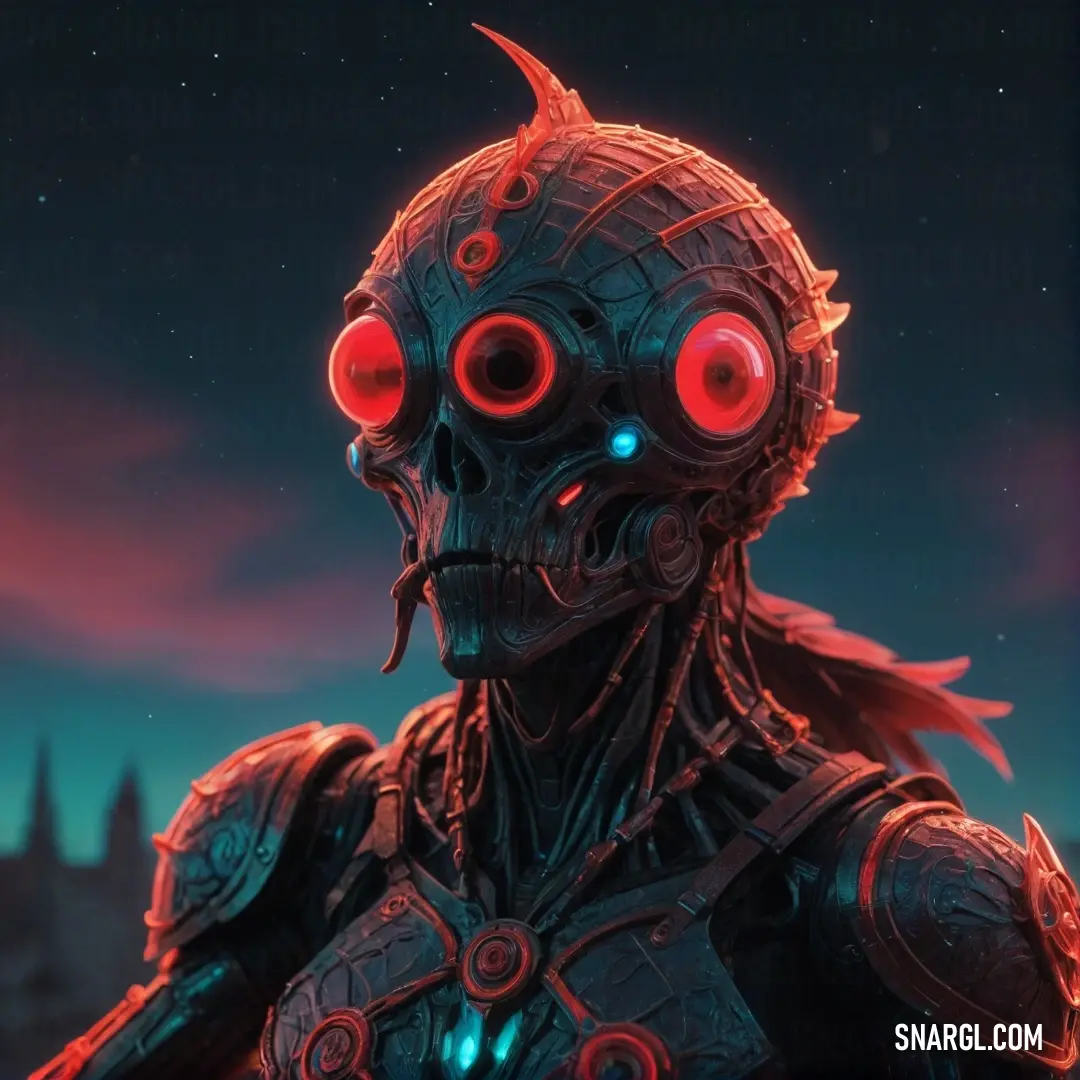 A fearsome alien creature adorned with a metallic helmet, glowing red eyes that pierce through the darkness, and a chilling expression that hints at untold mysteries from the stars.