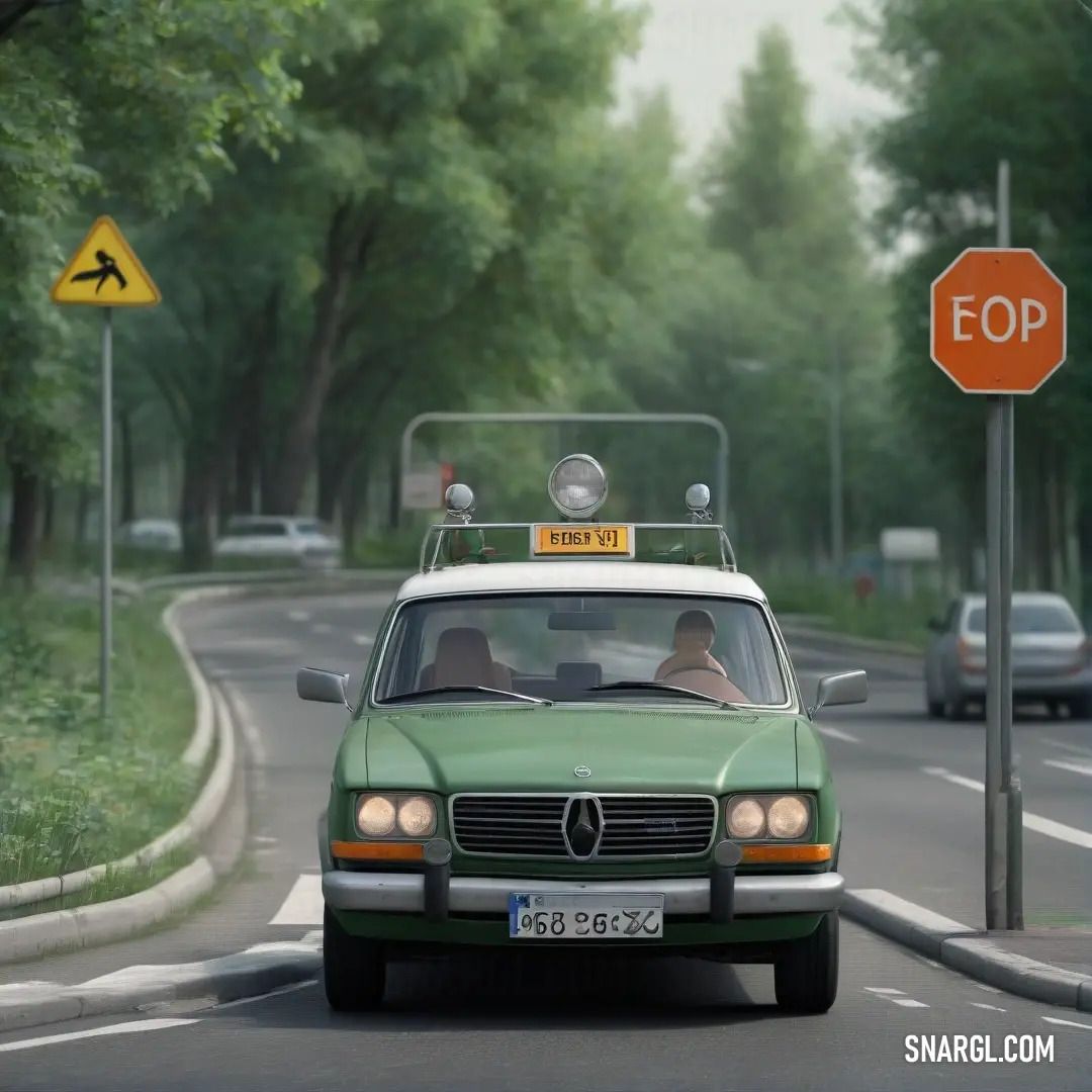 A vibrant green car speeds down a bustling street, flanked by a stop sign and a street sign glowing with yellow light, encapsulating the dynamic energy of urban living and the thrill of motion.