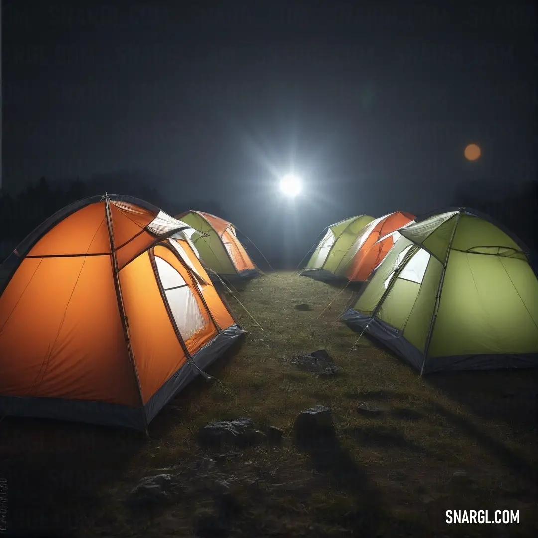 A serene camping scene featuring a collection of tents illuminated by a soft, warm light against a backdrop of a lush green field under the starry night sky. The ambiance is inviting and tranquil, perfect for a night under the stars.