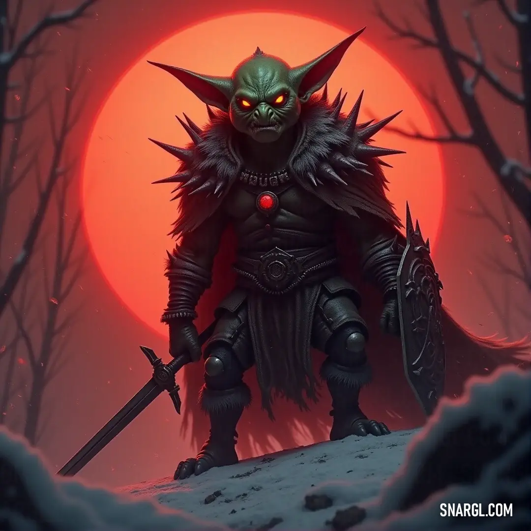 A resolute demon stands firm, sword drawn, framed against the backdrop of a crimson sun nestled among snow-laden trees, evoking a hauntingly beautiful winter scene.